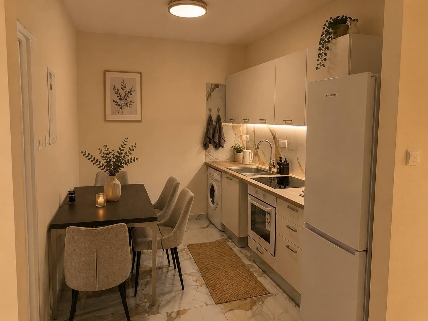 Fridge, oven, stovetop, cookware/dishes/utensils