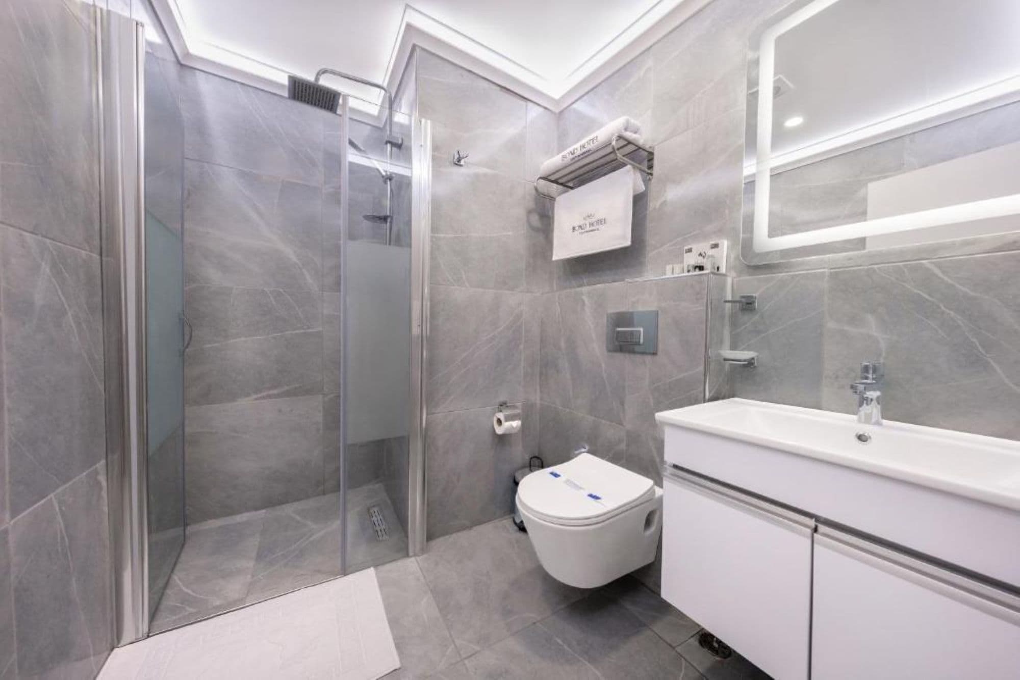A modern bathroom with a glass shower enclosure, a toilet, and a sink with a mirror.