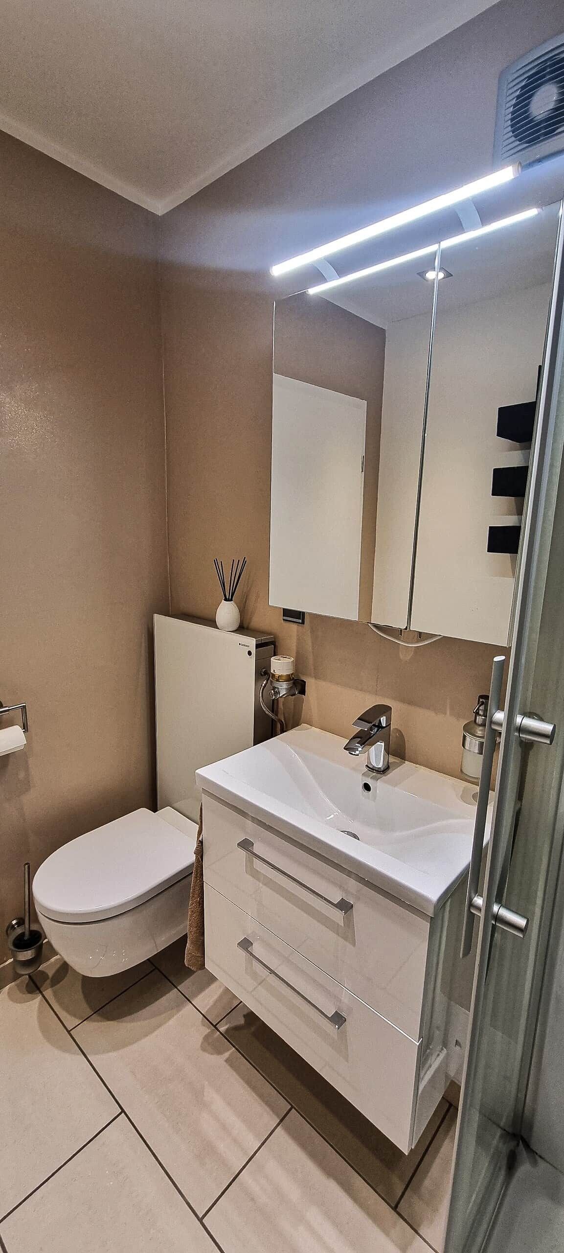A modern bathroom with a toilet, sink, mirror, and shower area.