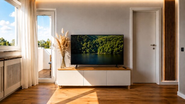 A modern living room with a flat-screen TV on a wooden console, a view of a lake, and a door to the right.