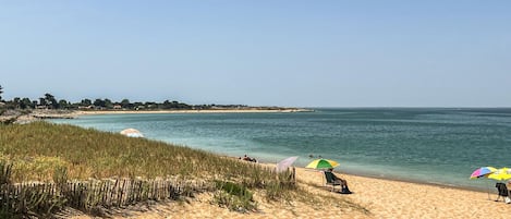 Une plage à l’eau claire, avec un rivage sablonneux et quelques parasols.
