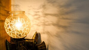 A wall-mounted lamp with a glass shade and a metallic base.