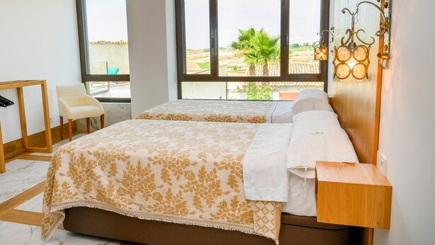 Un dormitorio con dos camas, una mesita de noche de madera, una silla y ventanas amplias con vistas a zonas verdes.