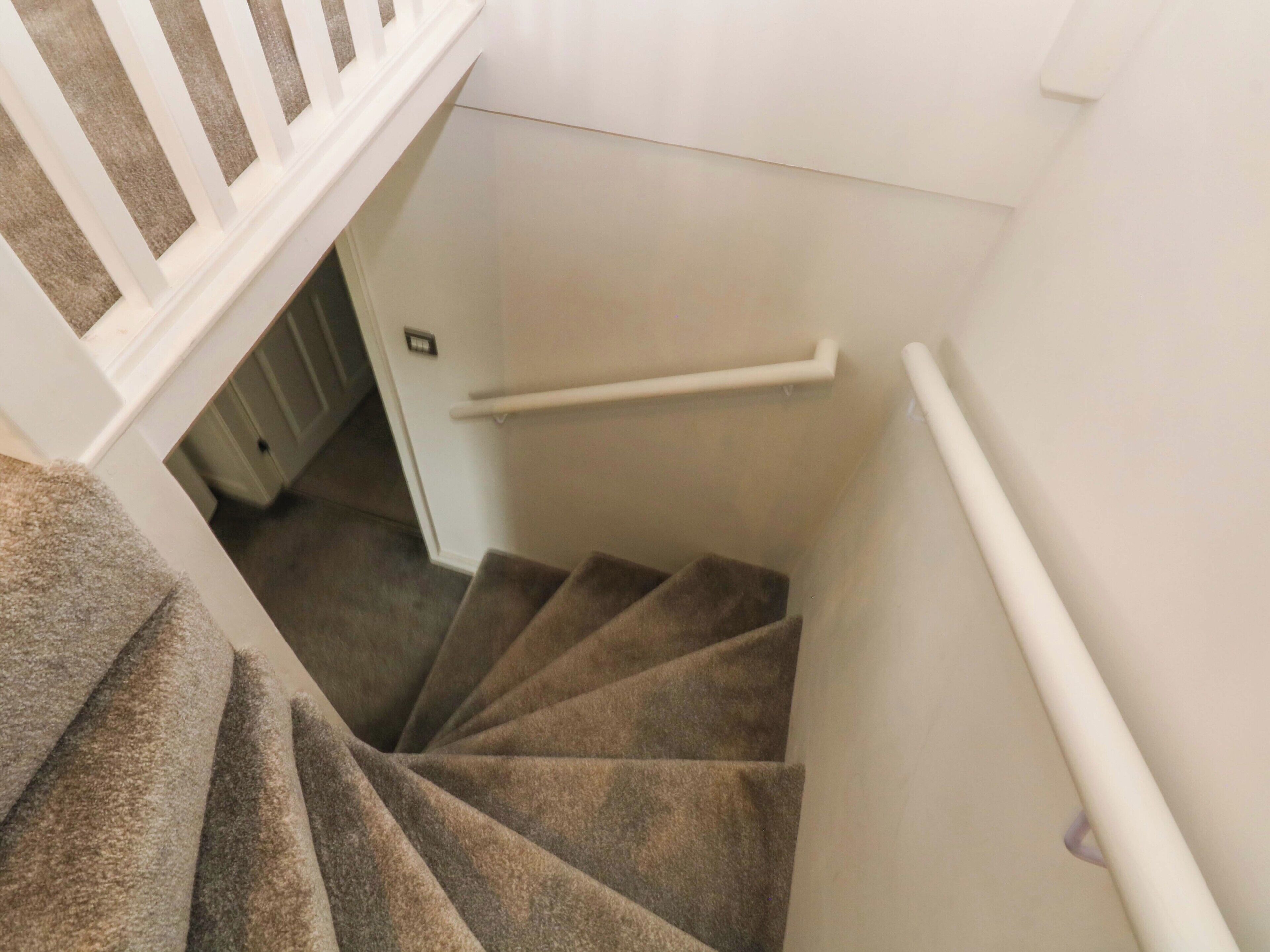 A carpeted staircase with a handrail, white walls, and a door at the bottom.