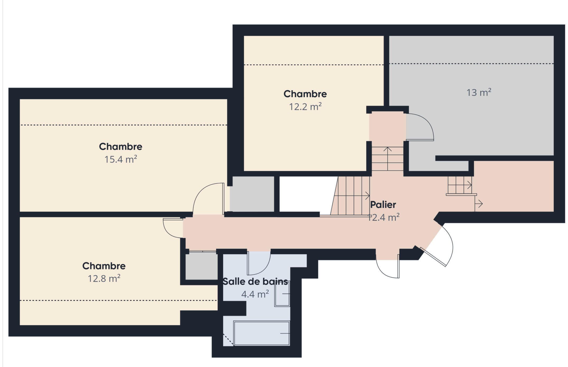 Plano de planta con tres dormitorios, un baño, una cocina y un balcón.