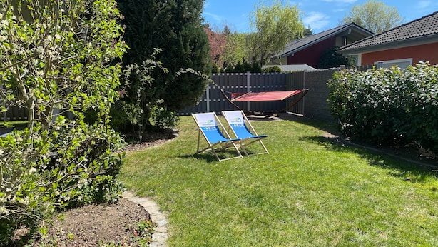 A backyard with a hammock, a lawn, and a red building.