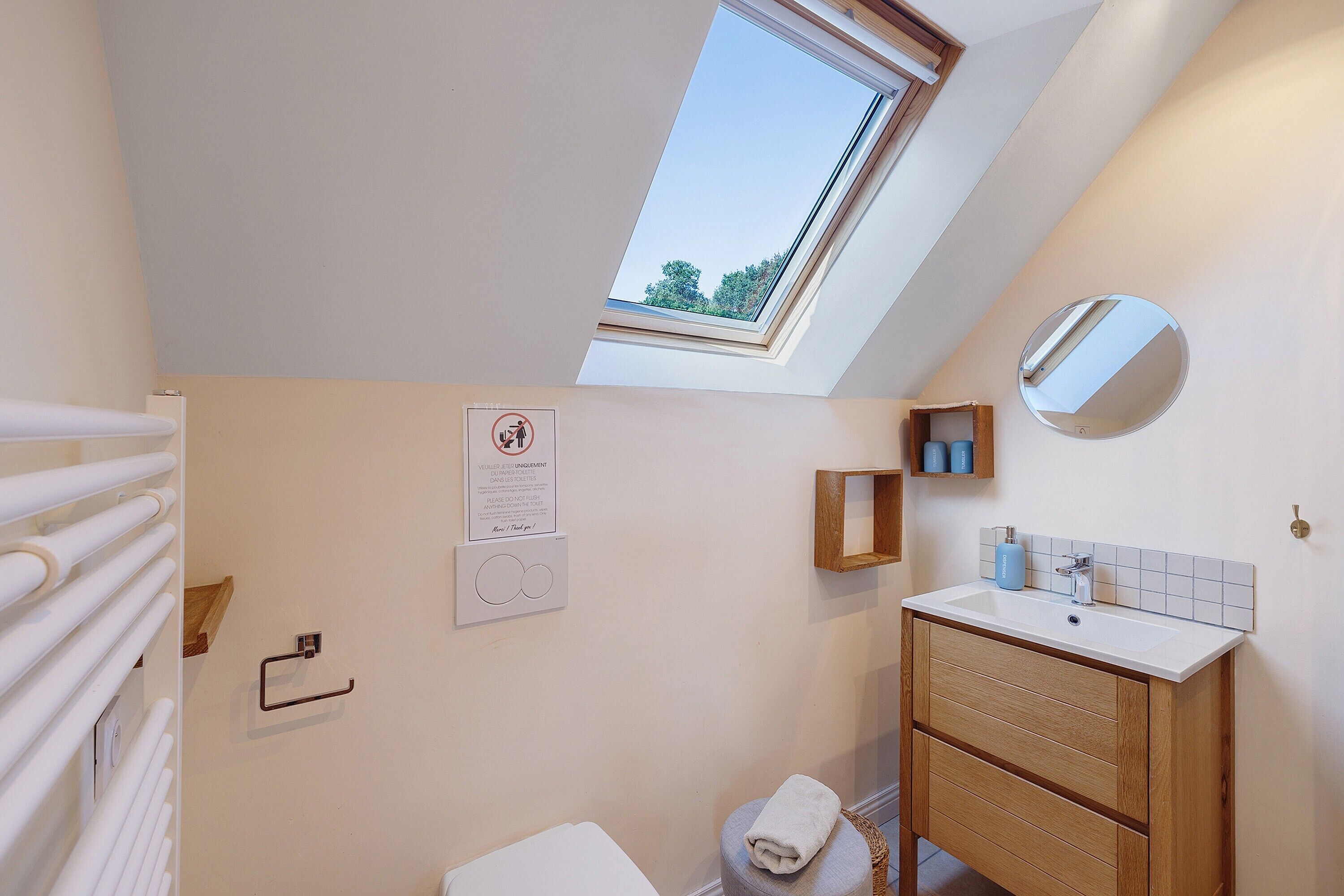 A bathroom with a skylight, a toilet, a sink, a mirror, and a towel rack.