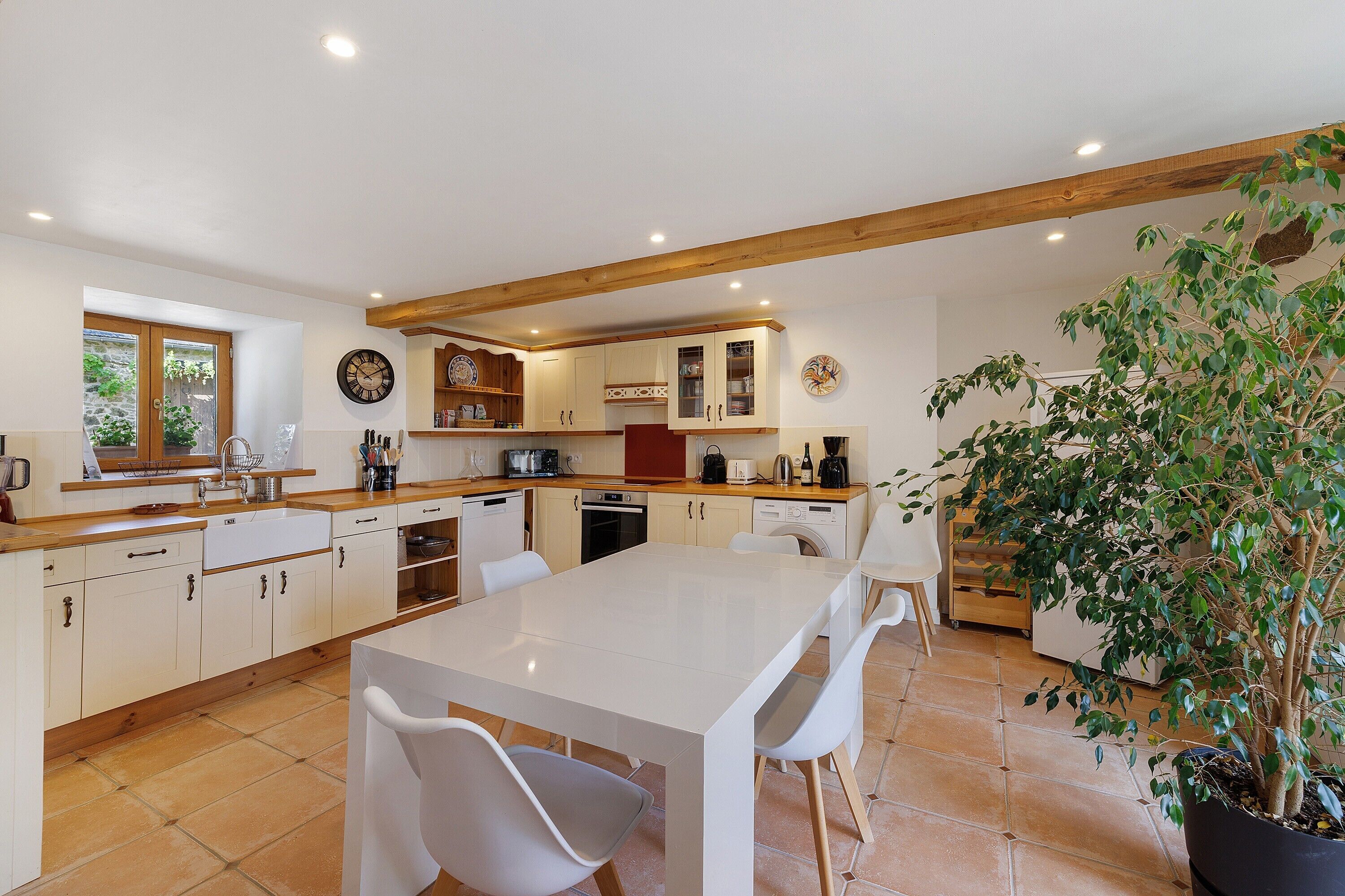 A modern kitchen with a central island, wooden beams, and a potted plant.