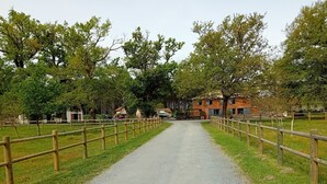 A gravel path flanked by wooden fences leading to a rustic building with a red roof. - Villa Nature Pool Air Cooler 12P (Sainte-Eulalie-en-Born)