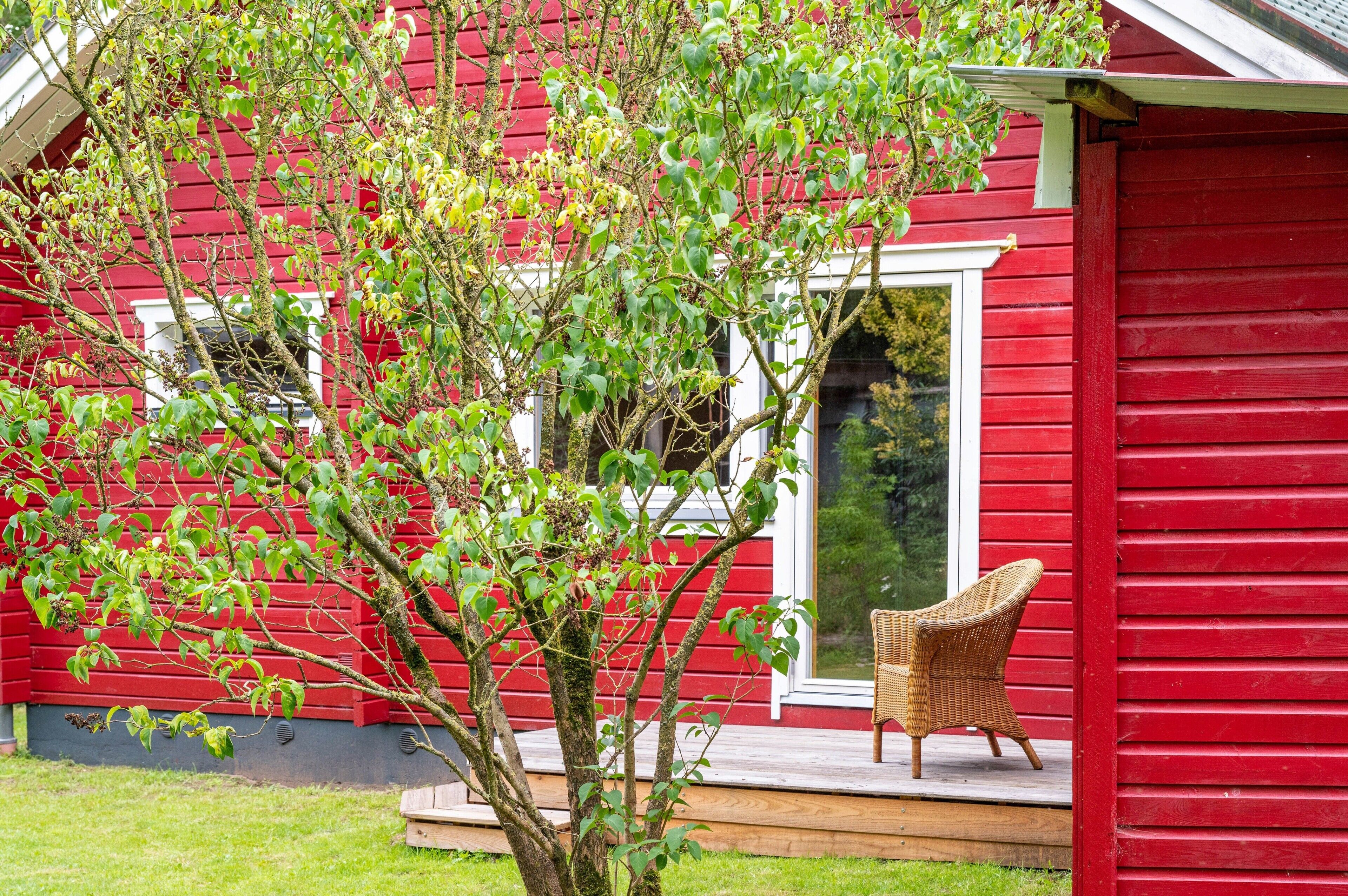 Ein rotes Holzhaus mit Veranda und einem Korbstuhl.