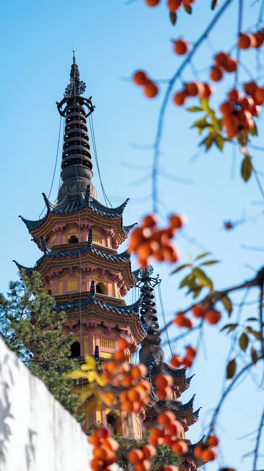 A multi-tiered pagoda with traditional architecture, surrounded by trees and clear sky.