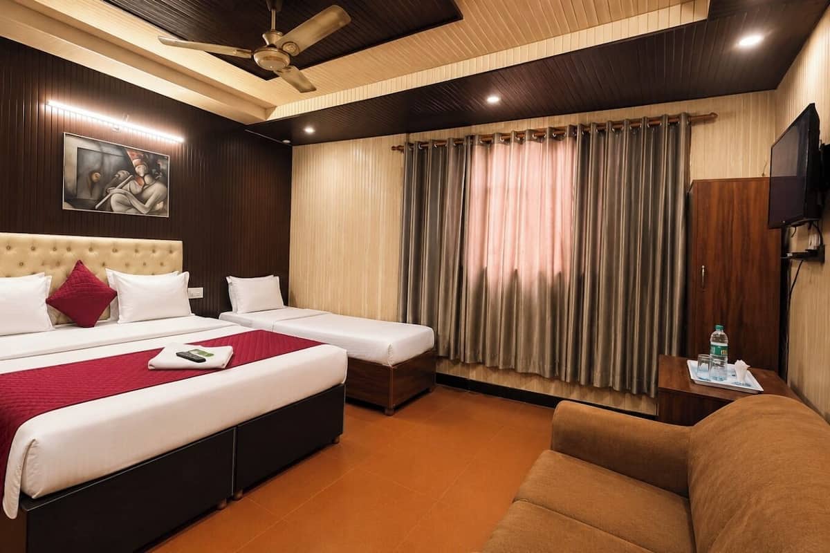 A hotel room with a large bed, a smaller bed, a sofa, a TV, and a curtain.