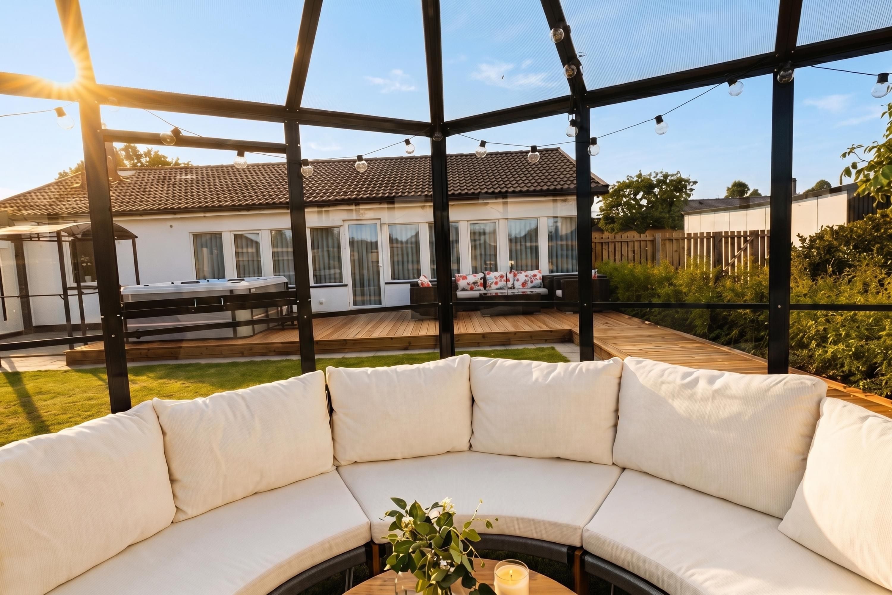 Un espacio de estar al aire libre cubierto, con vistas a una casa y jardín.