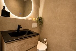 A bathroom with a black sink, a toilet, and a mirror.