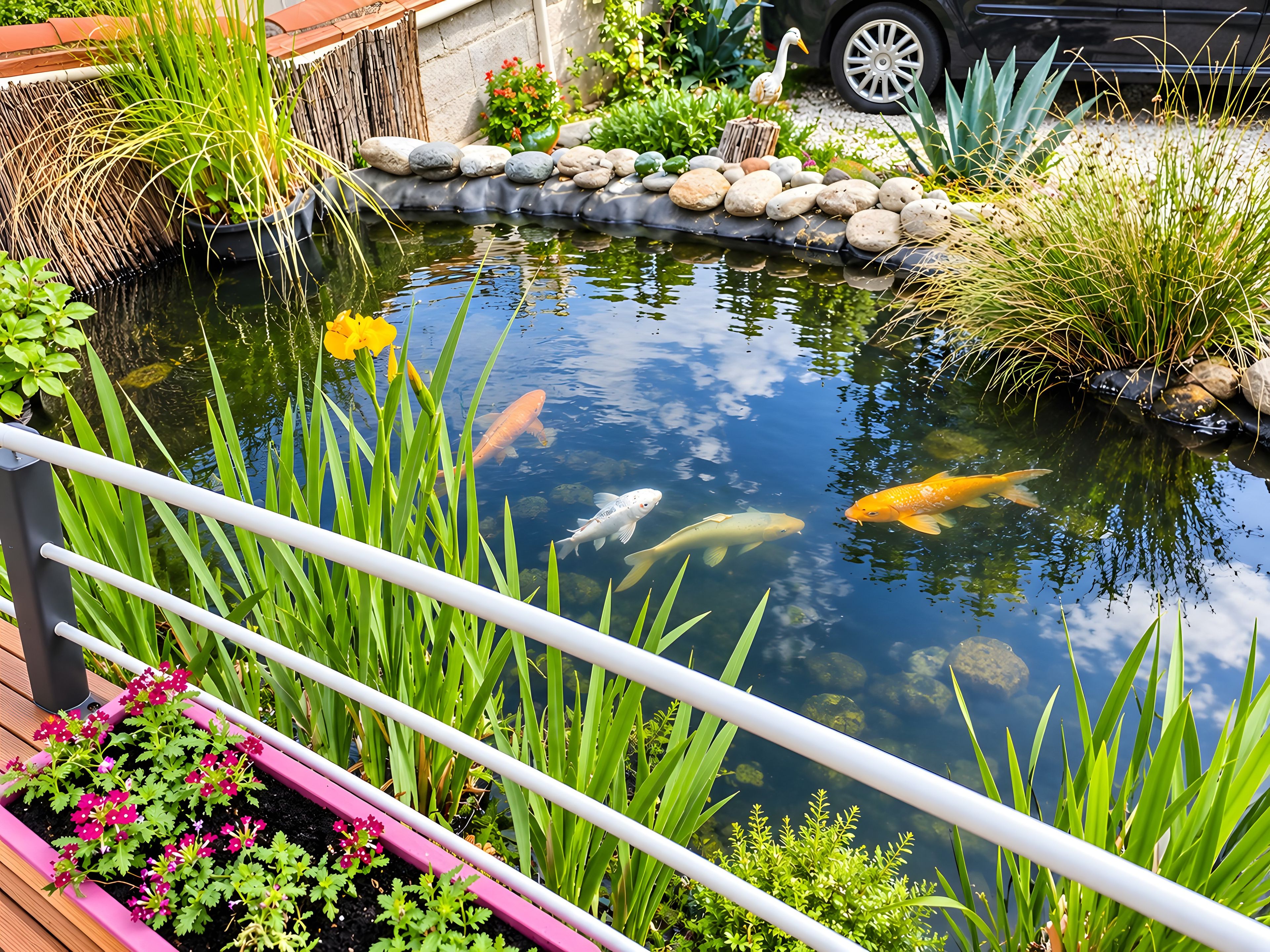 A koi pond with rocks and plants, surrounded by a wooden deck and a metal railing.