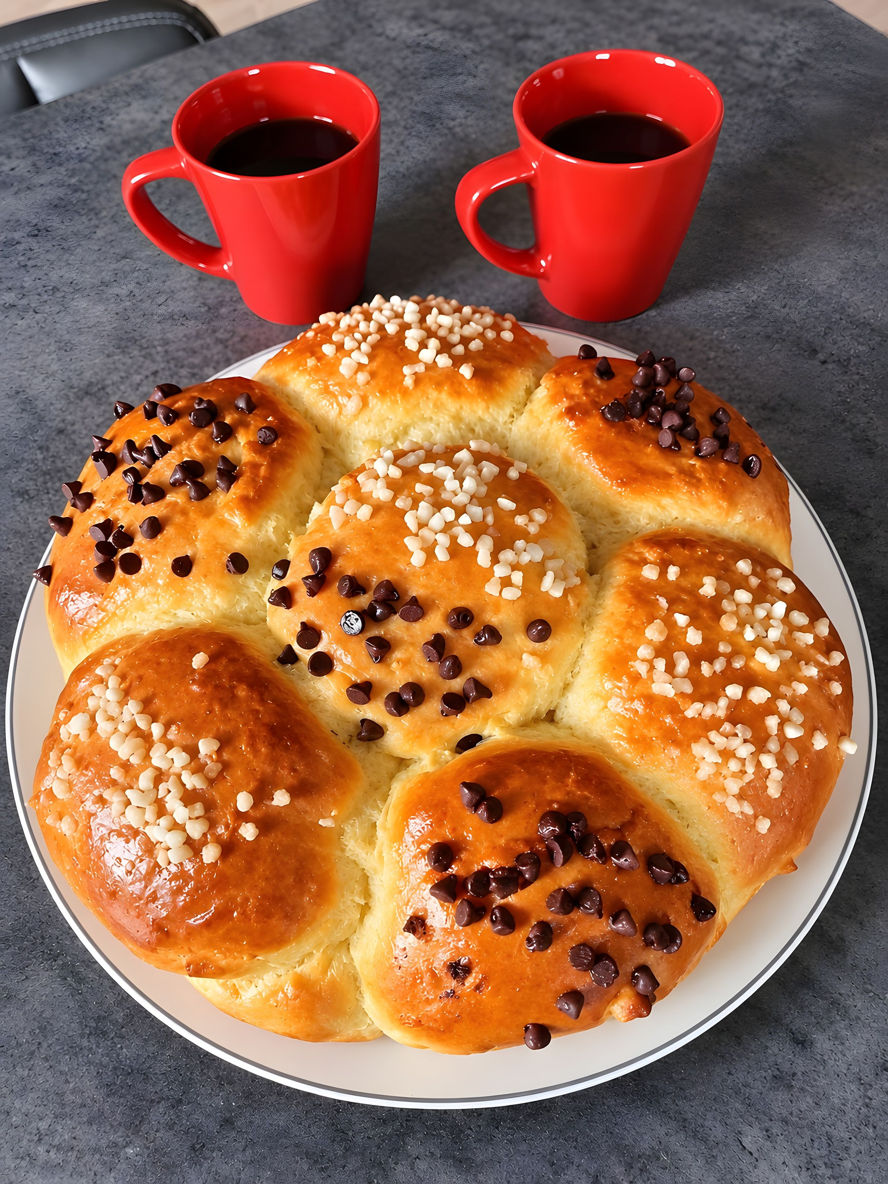 Ein Teller mit frisch gebackenen Brötchen mit Schokostückchen und Perlzucker, dazu zwei rote Kaffeetassen auf einer dunklen Arbeitsplatte.
