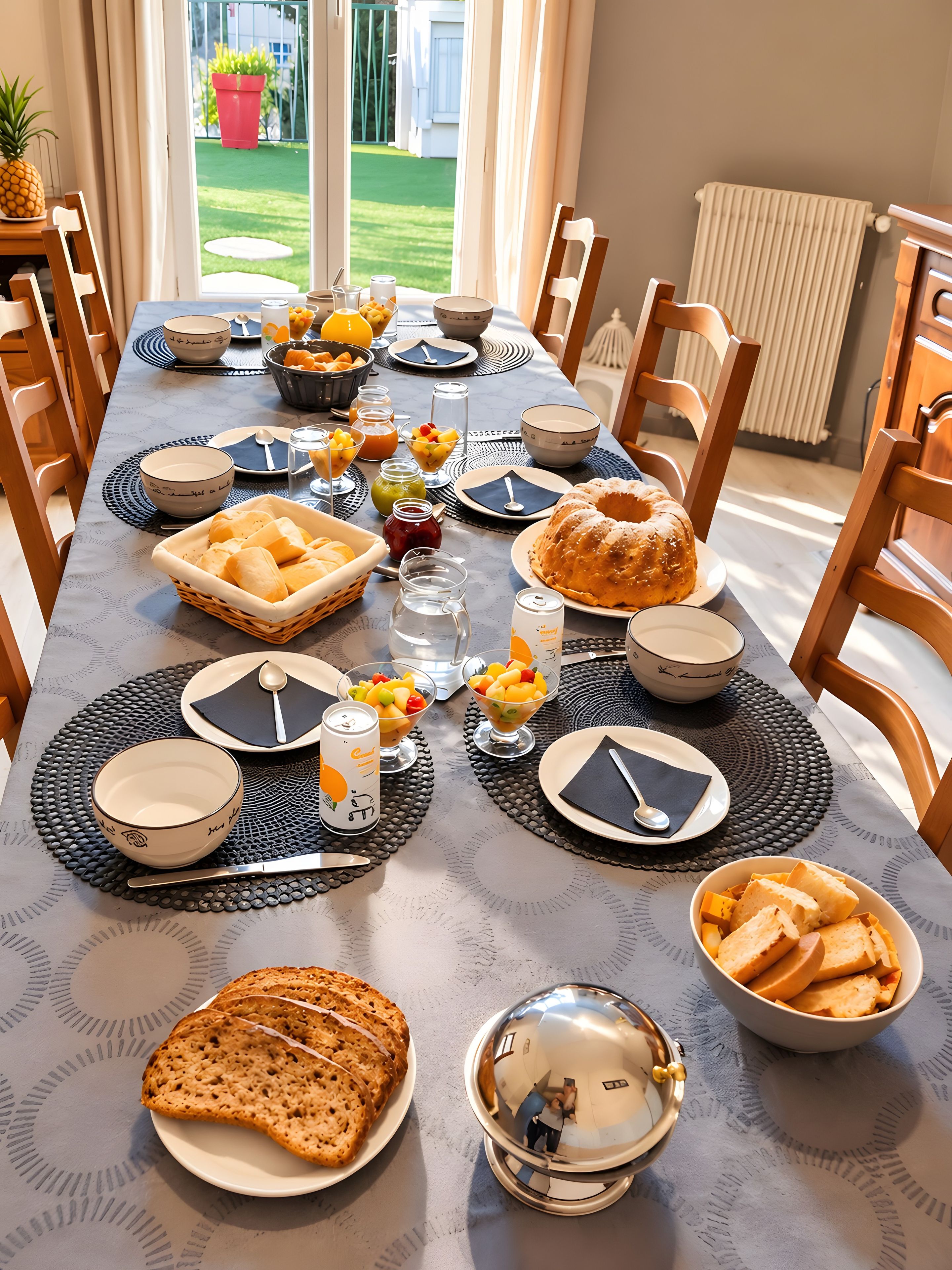 A breakfast table set with various dishes, including bread, fruits, and beverages.