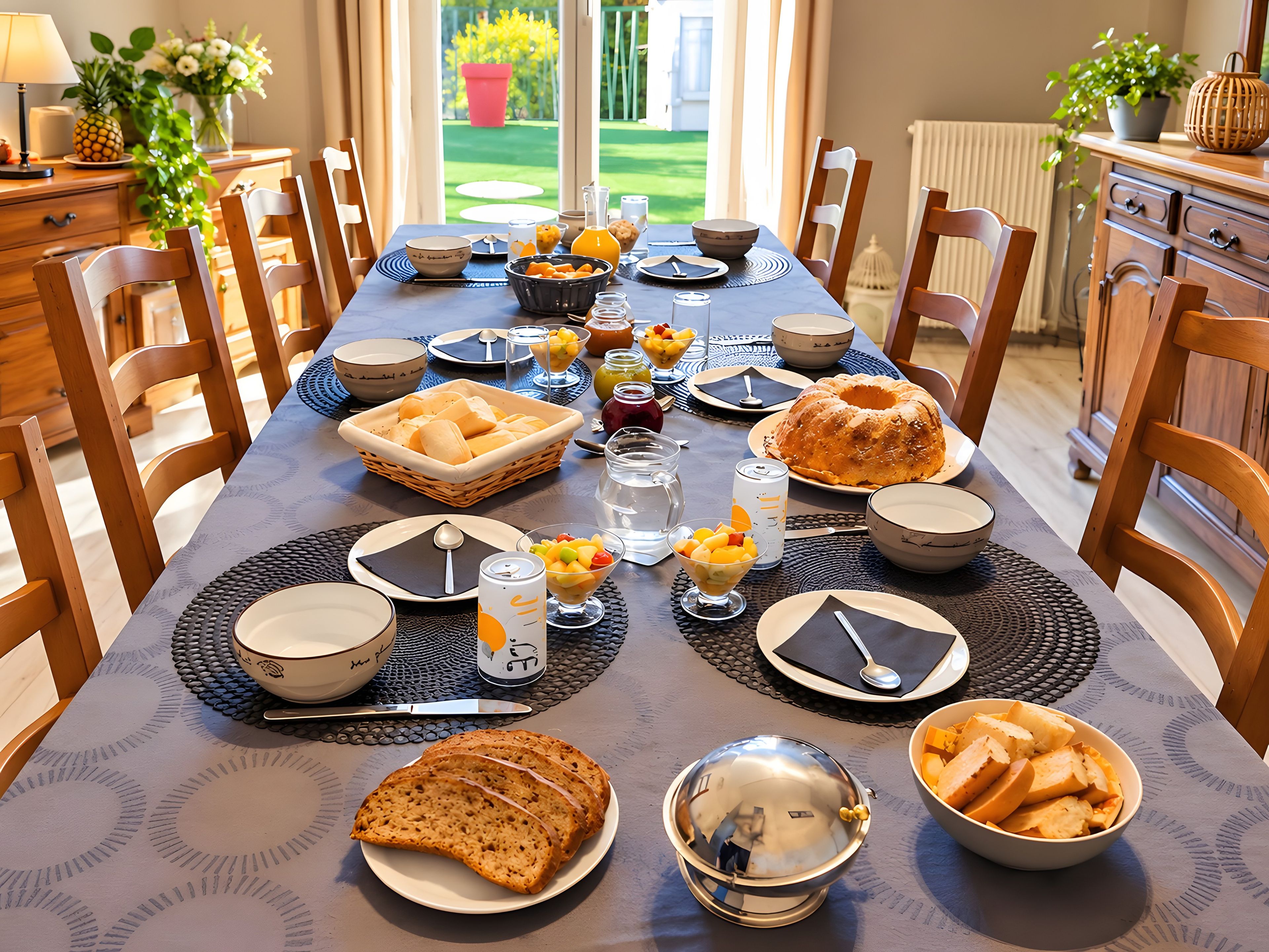 A dining table set with various dishes, including bread, fruits, and a bundt cake, surrounded by chairs.