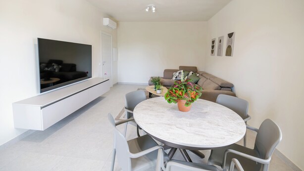Uma sala de estar moderna com televisão de tela plana, uma mesa de jantar redonda, cadeiras cinzas, um sofá e um vaso com planta.