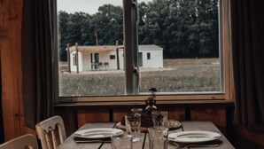 A dining table set for four with plates, glasses, and cutlery, a vase with flowers, and a view of a building through a window. - Modern Pet-friendly Retreat in Limburg (Heythuysen)