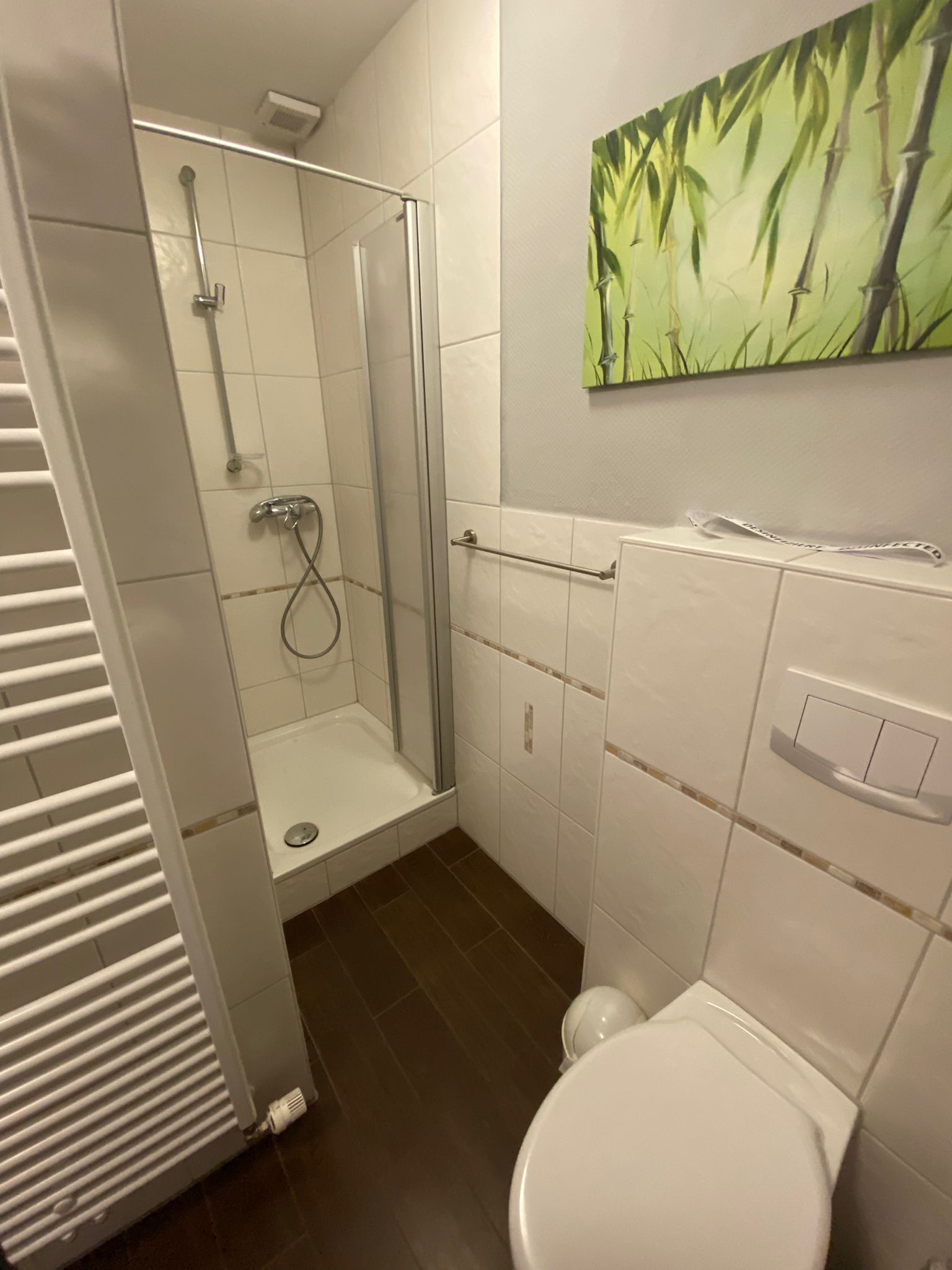 A bathroom with a shower, toilet, and a towel rack.