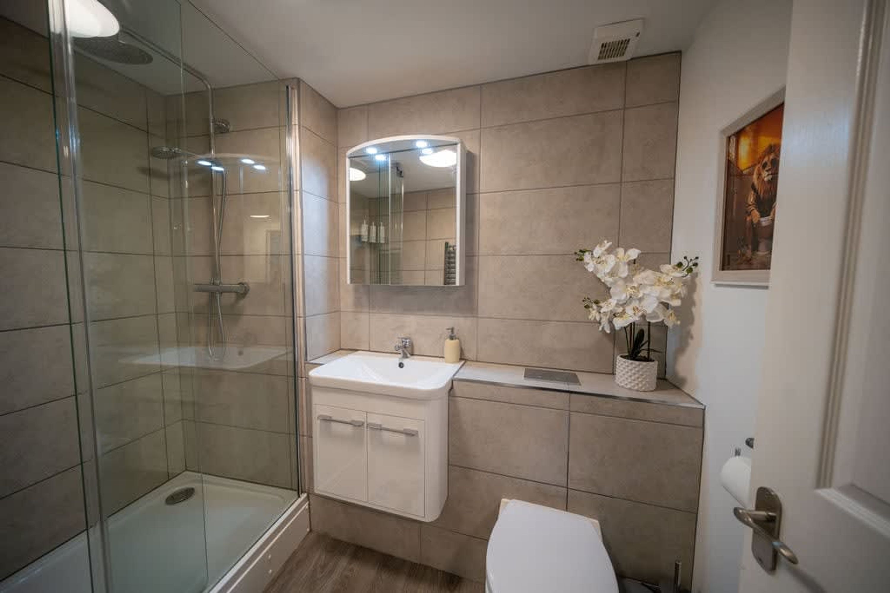 Een moderne badkamer met een douchecabine van glas, een wastafel met spiegel en een toilet.