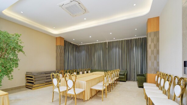 A conference room with a long table and chairs, a plant, and a curtain backdrop. - Palette Rc Platinum Hotel (Mahabubabad)