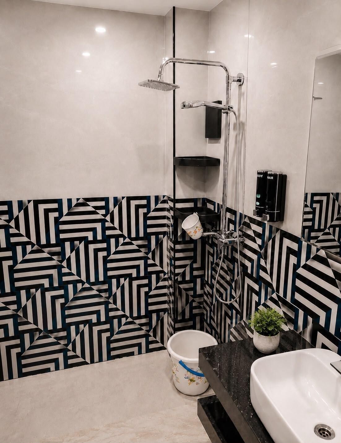 Shower, towels, soap, shampoo