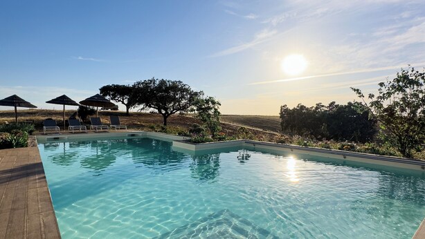 A clear swimming pool with sun reflecting on the water, surrounded by lounge chairs and trees.