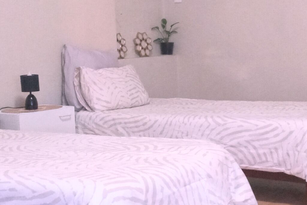 A bedroom with two beds, a nightstand, a lamp, and a potted plant.