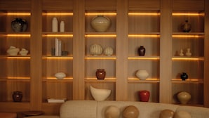 A room with a sofa, a coffee table, and shelves with various decorative items. - Hera Hotel Axd (Alexandroupoli)