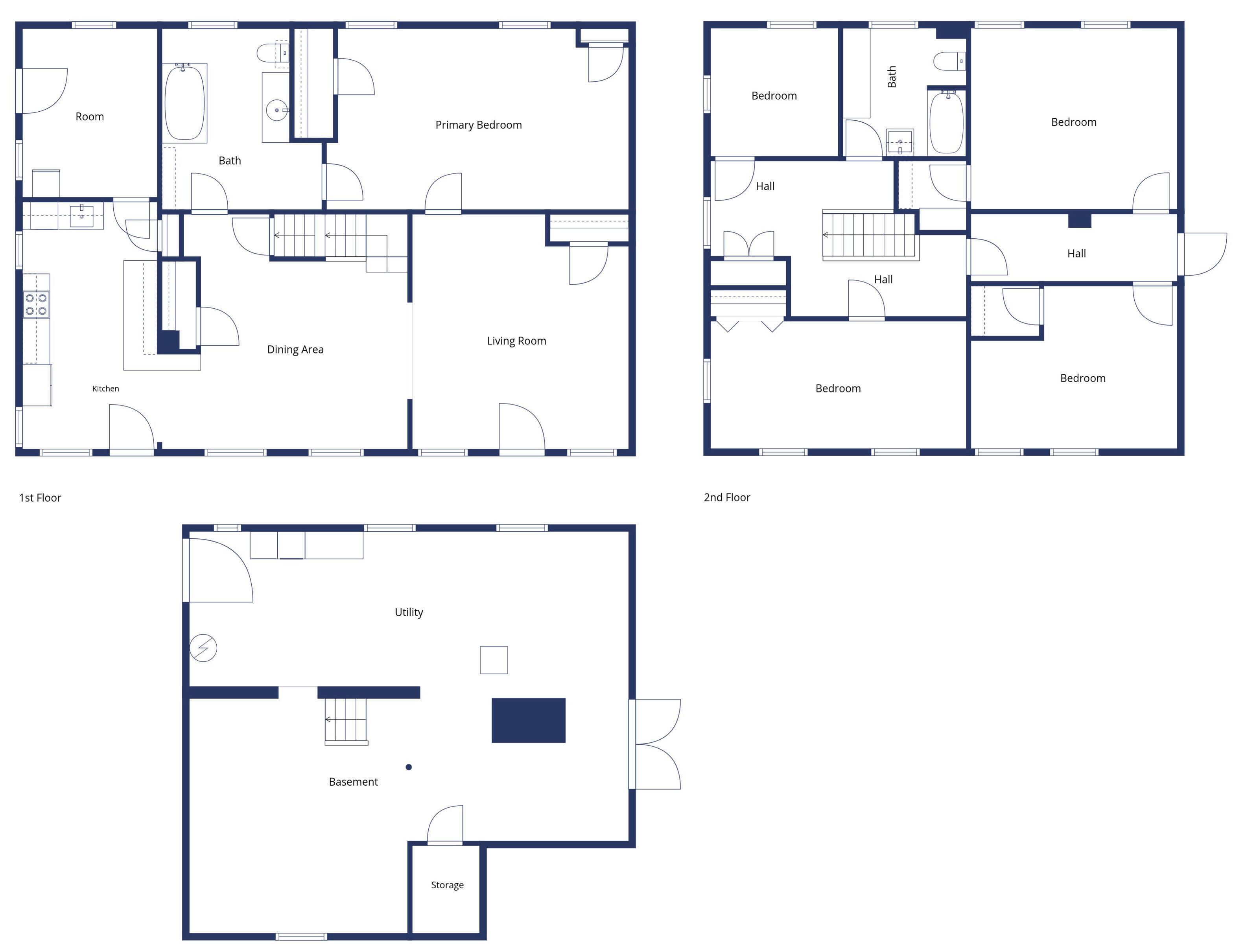 Un plan d’étage comprenant une chambre principale, des chambres secondaires, une salle de bain, un coin repas, une cuisine, un salon, une buanderie et un espace de rangement.