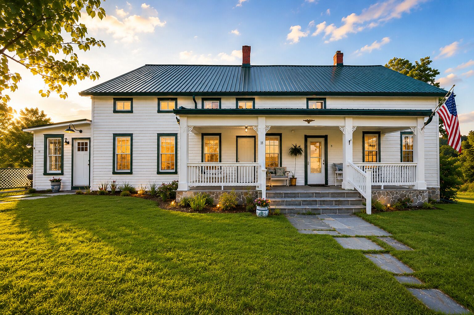 A two-story white house with a green roof, a front porch, and an American flag.