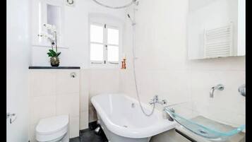 Hair dryer, towels, toilet paper