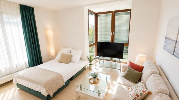 Una habitación de hotel moderna con cama, sofá, TV y un balcón con vistas.