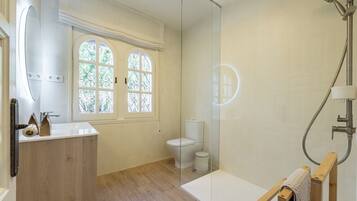 Een badkamer met een douche, toilet en wastafel met spiegel.