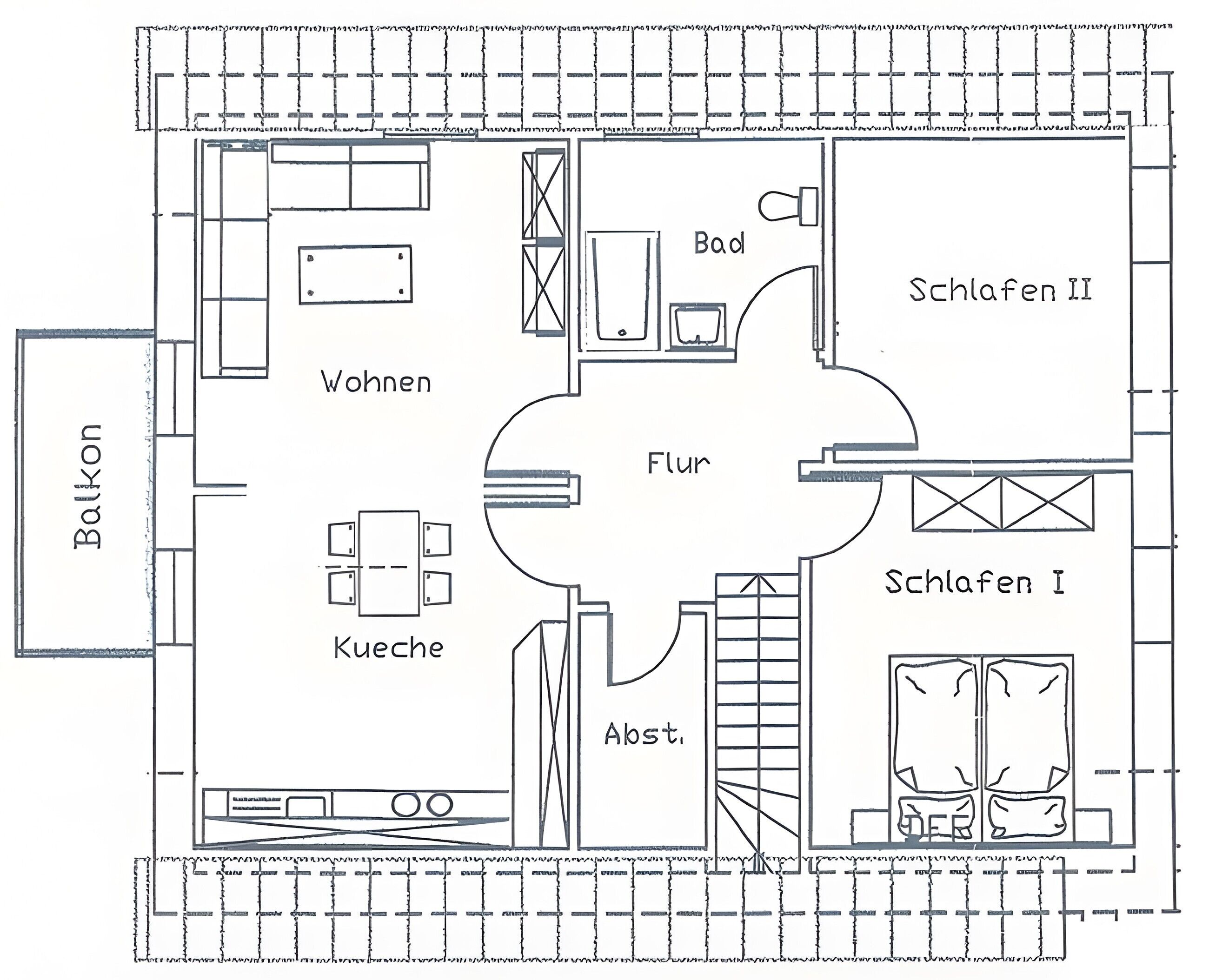A floor plan with a balcony, living room, kitchen, bathroom, and two bedrooms.