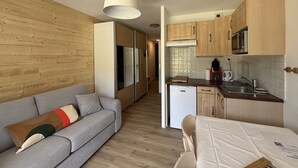 Ein gemütlicher Wohnraum mit Sofa, Esstisch, Küchenzeile und Deckenleuchte.