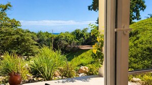 Quarto com vista para um jardim exuberante e o mar, uma planta pendente e uma almofada verde em uma cadeira.