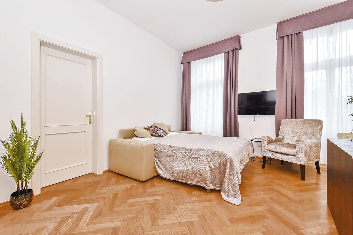 A bedroom with a bed, a chair, a desk, a television, and a potted plant.