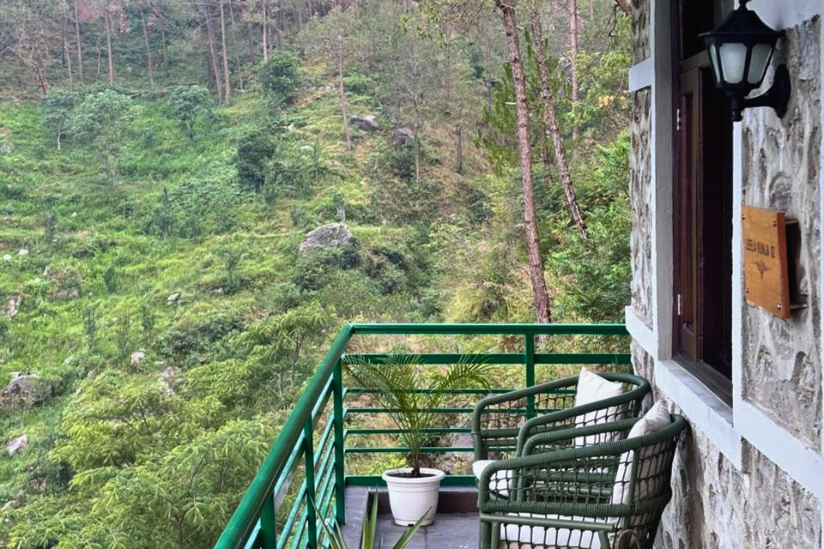 Un balcón con barandilla verde, una planta en maceta y mobiliario de mimbre.