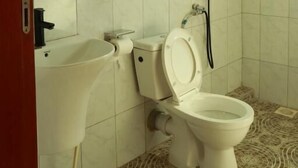 A bathroom with a toilet, sink, and shower.