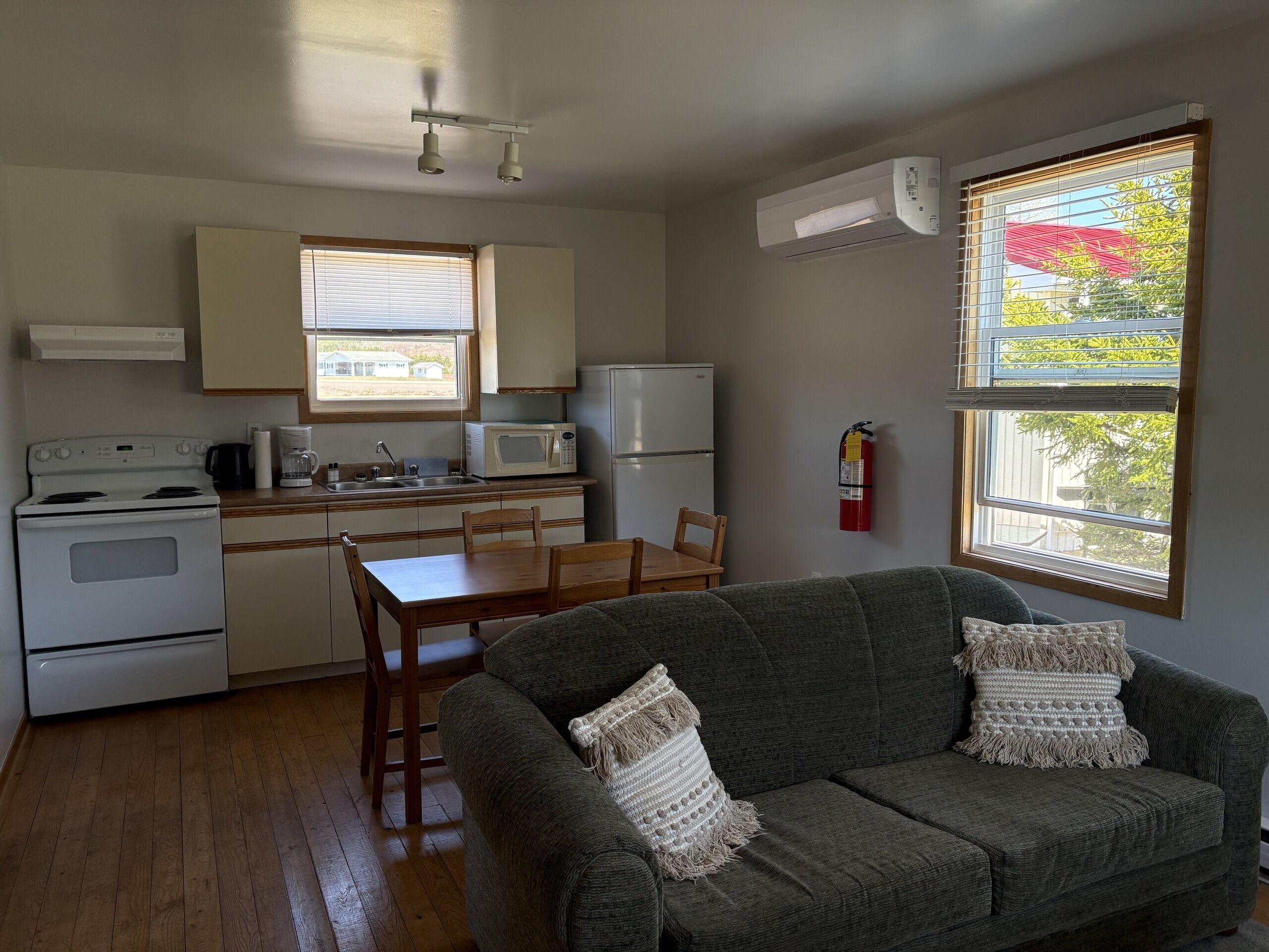 A compact kitchen with a stove, microwave, and sink, a dining area with a table and chairs, and a gray couch with two pillows.