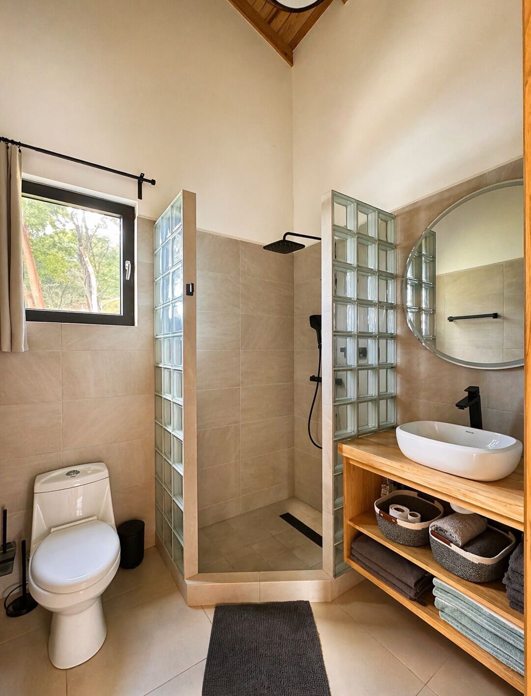 A modern bathroom with a glass shower enclosure, a toilet, a sink with a large mirror, and a window with a view of trees.