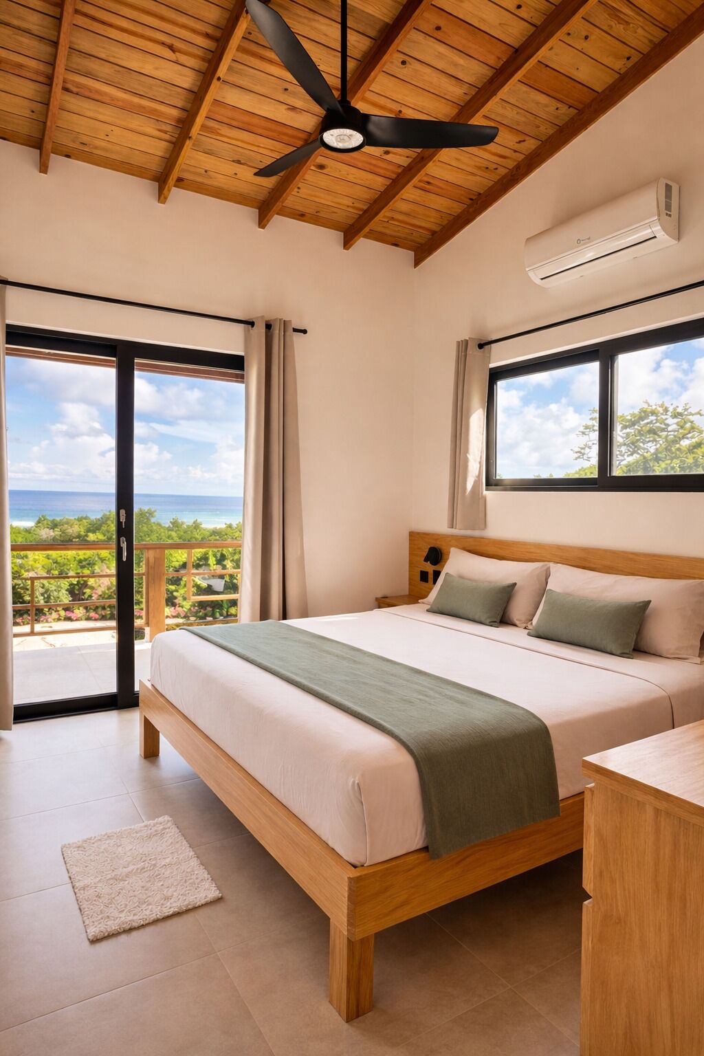 Une chambre avec un lit, un ventilateur de plafond, un appareil de climatisation, une fenêtre et une vue sur l’océan.