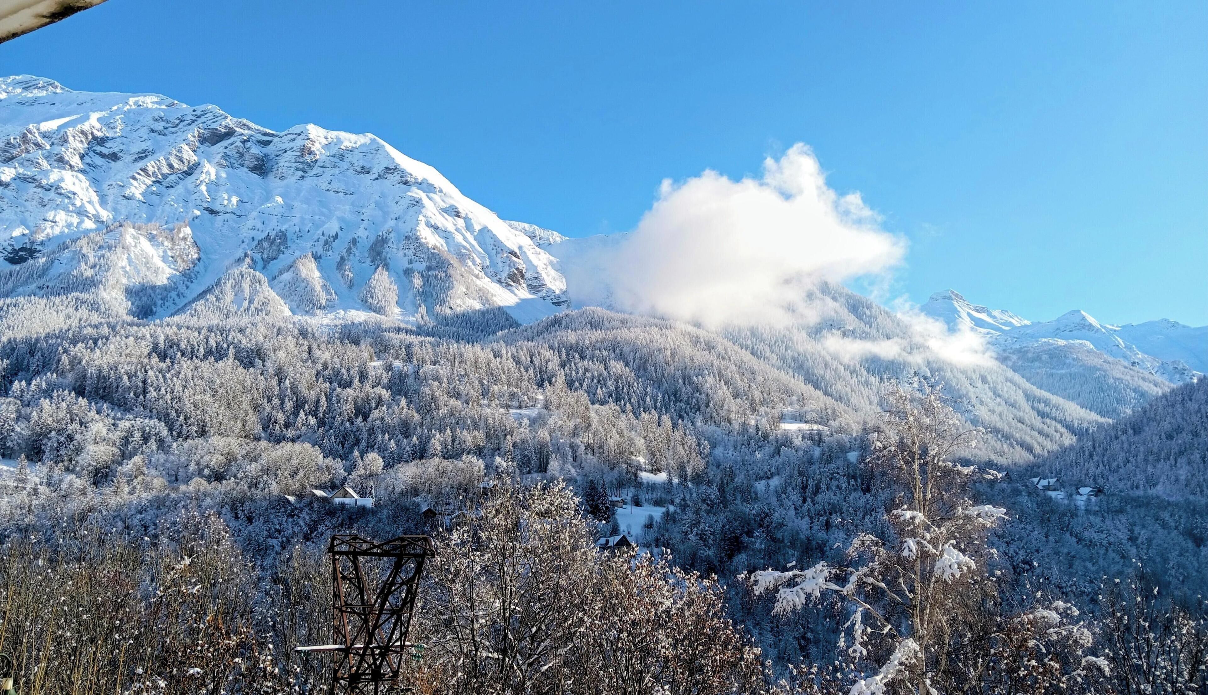 Eine gebirgige Landschaft mit schneebedeckten Bäumen und blauem Himmel.