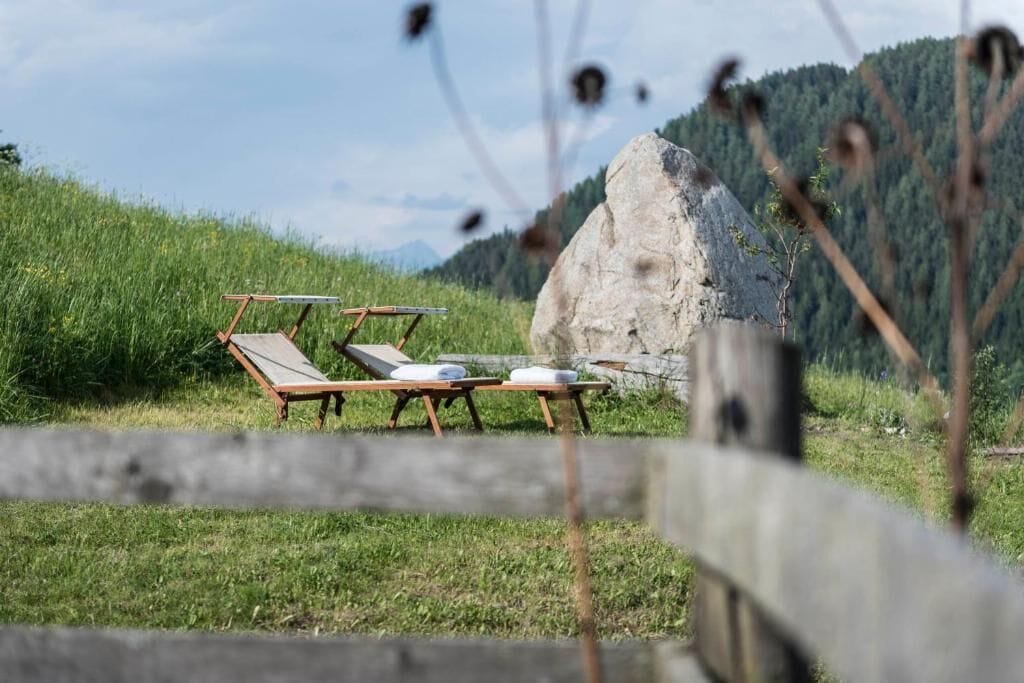 A wooden fence with a view of a grassy area and a large rock.