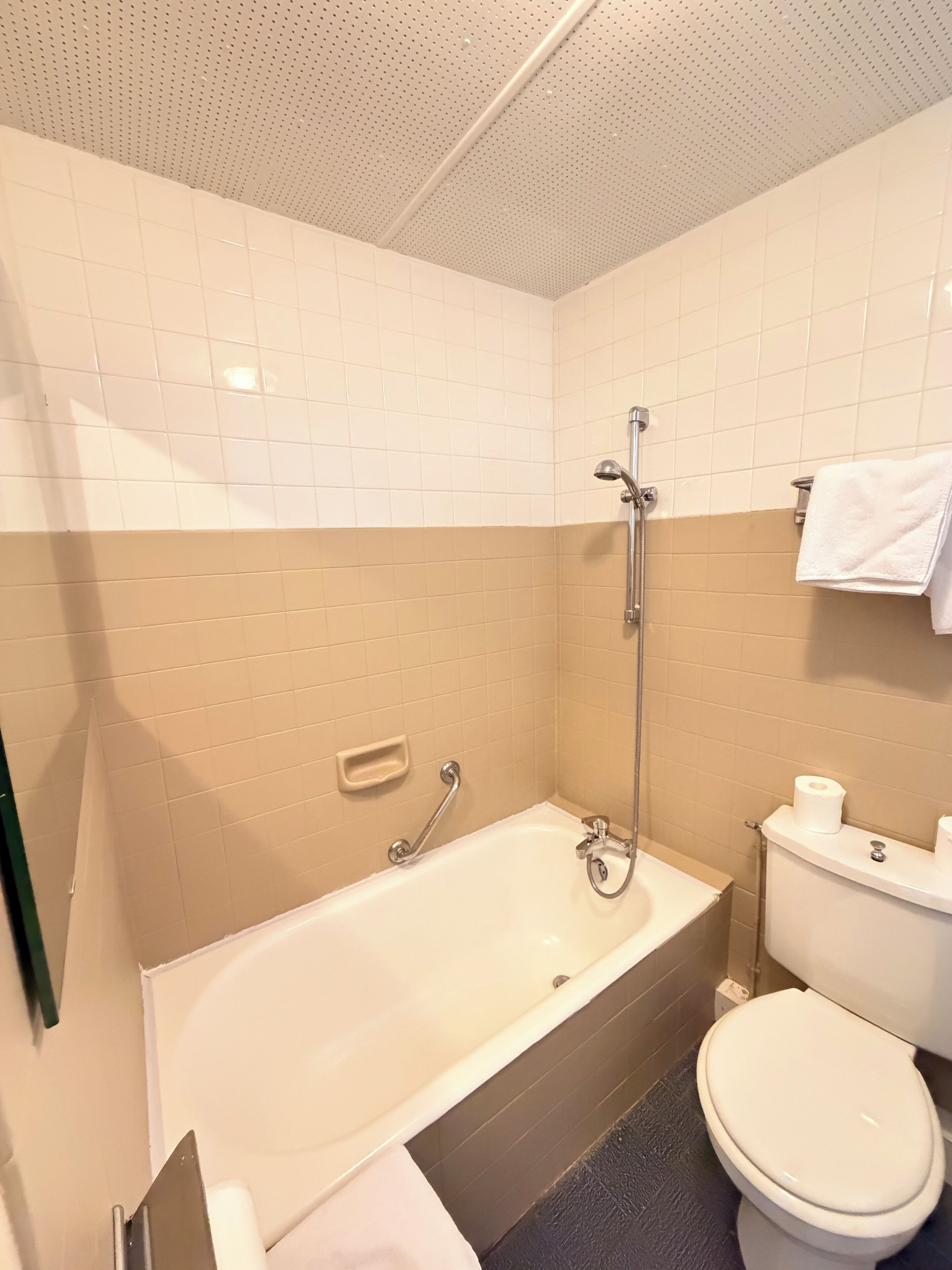A bathroom with a bathtub, toilet, and shower.