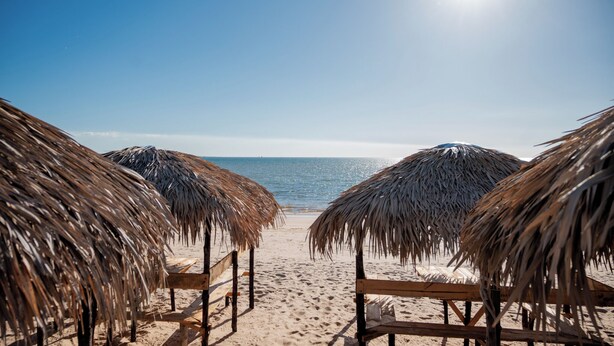 A beach with thatched umbrellas and wooden benches.