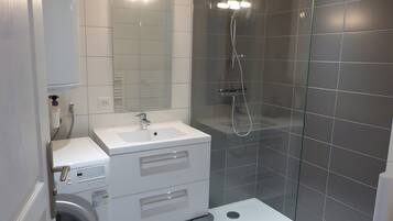 Shower, hair dryer, towels